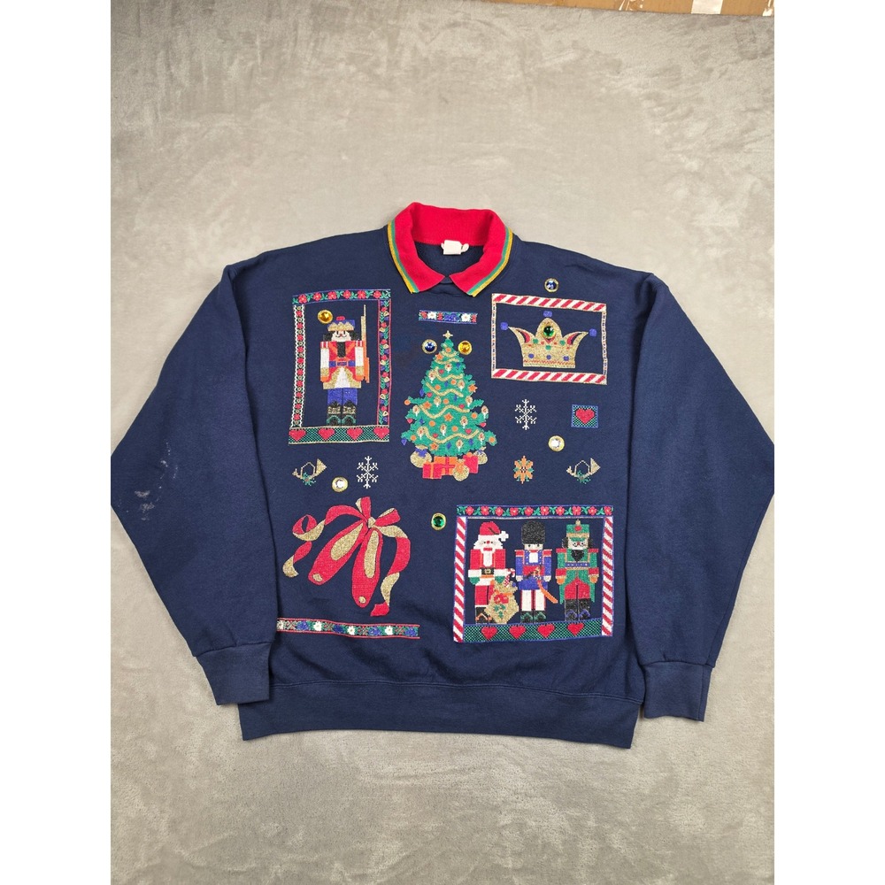 Vintage Nutcracker Christmas Sweatshirt Womens One Size Blue Tree Holiday